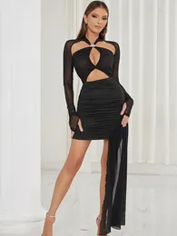 Casual Dresses Sexy O Neck Long Sleeve Hollow Out Bodycon Dress Women Black Mesh Folds Draped Mini Elegant Cocktail Evening Party