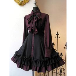 Theme Costume 2023 Autumn Elegant Lolita Black Gothic Women Dresses Big Size Bow Collar Pleated Lace Up Goth Vintage Chic Jurken Dress 231201