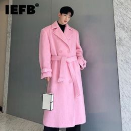 Men's Wool Blends IEFB Korean Men Woollen Coat Casual Lapel Double Breasted Long Trench Solid Colour Male Overcoat Belt 2023 Autumn Trend 9C2884 231130