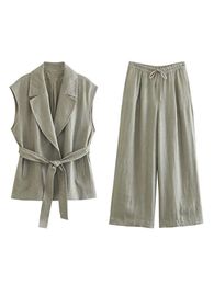 Elegant Linen Solid Women S Two Piece Set Lapel Waistband Vest High Waist Wide Leg Pants Suit Office Lady Chic Outfits