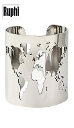 World Map Cutout Cuff Bangle Bracelet Travel Peace Jewellery Stainless Steel 40mm Wide Laser Engraving Fine Polished Circle Angle J9509999