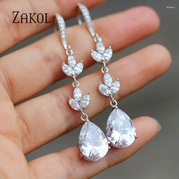 Dangle Earrings ZAKOL Fashion Clear Water Drop Pendant For Women Shiny Crystal Leaf Long Bridal Earring Wedding Party Jewellery