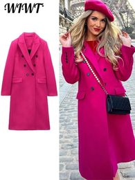 Women Blends Rose Red Double breasted Lapel Trench Coat Women Autumn Winter Long Sleeved Loose Female Long Coats Elegant Office Lady Wear 231201