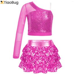 Stage Wear Kids Girls Sequin Metallic Crop Top With Skirt Set Jazz Latin Ballet Dance Outfits 2 Piece Performance Costume Dancewear