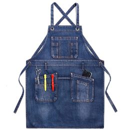 Aprons Thick Denim Apron With Pocket Jean Hair Stylist Barista Coffee Pinafore House Cleaning Canvas Master Kitchen Accessories 231130