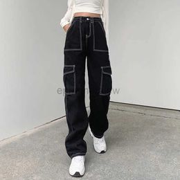 Women's Jeans Y2K Women's High Waist Stitching Pocket Jeans Loose Street Straight Fashion Pants Cotton Women Cargo Pants Oversize Trouserszln231201