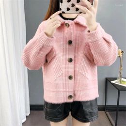 Women's Knits Autumn Winter Faux Mink Cashmere Plaid Sweater Women Outerwear Loose Short Cardigan Korean Big Pocket Knit Jacket Coat Female