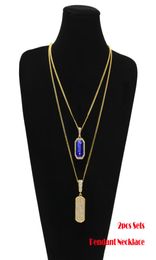 2pcs Sets Pendant BlackRedBlue Gemstone Big Rhinestones Dog Tag Cuban Chain Two Necklace Men Women HipHop Jewelry 2 Necklaces 1264481