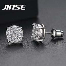 JINSE 10MM Round Black White Zirconia Stud Earrings For Men Gold Colour Micro Inlay Crystal Iced Earring Fashion Hip Hop Jewelry274R