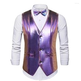 Men's Vests Shiny Gold Metallic 2pcs Mens Vest With Bowtie Slim Fit V Neck Sparkling Waistcoat Wedding Party Stage Prom Costume