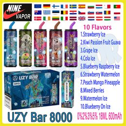 Authentic UZY BAR 8000 Puff Disposable Electronic Cigarette 18ml Pre-filled Pod % 2% 3% 5% Level 600mAh Rechargeable Battery Vape Pen Puffs 8k Kit