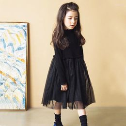 Girl Dresses Girls 2023 Spring Fall Kids Long Sleeve Classic Black Dress With Mesh Patchwork Ball Gown Elegant Princess