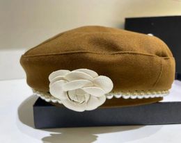 Pearl camellia brooch wool fabric beret letter hat fashion hat rabbit hair beret warm hat fashion matching hat fashion hat black and white brown