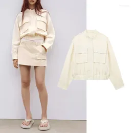 Women's Jackets Women Fashion With Pockets Linen Bomber Jacket Coat Vintage Long Sleeve Snap-button Female Outerwear Chic Tops