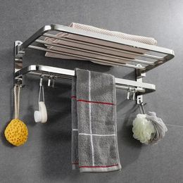 Bathroom Shelves Stainless Steel Towel Rack Foldable Punching Free Bath Towel Shelf With Hooks Home Kitchen Bathroom Supplies Storage Holder 231201