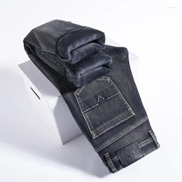 Men's Jeans 2023 Winter Warm Business Fashion Stretch Thick Denim Pants High Quality Casual Trousers Blue Grey Male Brand