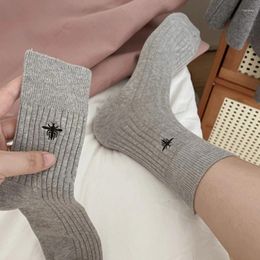 Women Socks Show The Same Small Bee Embroidery Vertical Stripes Double Needle For Men And Pure Cotton Korean Ins Tide