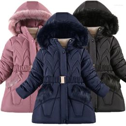 Jackets 2023 Winter Keep Warm Girls Jacket Waist Belt Design Detachable Hat Lining Plush Hooded Heavy Coat For Kids