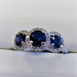 Classical Cocktail Jewelry 925 Sterling Silver Three Stone Blue Sapphire CZ Diamond Gemstones Party Women Wedding Engagement Band 241o