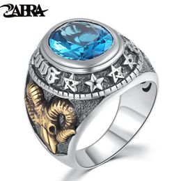 ZABRA 925 Silver Blue Zircon Men Ring Vintage Stone Punk Rock Gold Sheep Head Thai Handmade Women Rings Sterling Silver Jewelry 20276O