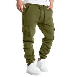 Men's Pants Spring And Autumn Solid Colour Sweatpants Drawstring Elastic Waist Padded Multi Pocket Long