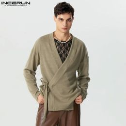 Men's Sweaters 2023 Men Solid Color V Neck Long Sleeve Lace Up Cardigan Streetwear Knitted Fashion Casual Clothing INCERUN S5XL 231130