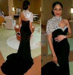 Prom Dresses Black Evening Gown Party Formal Zipper Lace Up New Custom Plus Size Mermaid Satin One-Shoulder Sleeveless Silver Sequins