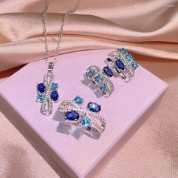 Necklace Earrings Set Jewellery For Women's Fashion Geometric Blue Zircon Adjustable Ring Simple Wedding Bridal