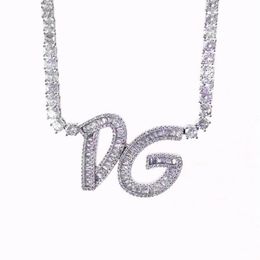 Custom Name Baguette Letters With Tennis Chain Necklace CZ Iced Out Zircon Pendant Hip Hop Jewelry3172