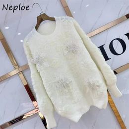 Women's Sweaters Neploe O Neck Solid Colour Long Sleeve Pull Femme Beading Stereo Flower Jersey Mujer Sweater Y2k Vintage Knitted Pullover