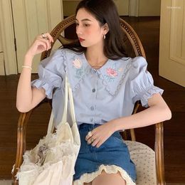 Women's Blouses MEXZT Vintage Sweet Shirts Women Embroidery Floral Print Summer Korean Preppy Student Puff Short Sleeve Casual Tops