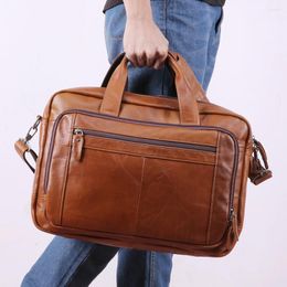 Briefcases Men's Briefcase Business Handbag 17 Inch Genuine Leather Male Computer Bag Cowhide Retro Crossbody For Men