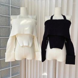 Women's Sweaters Milk White Plush Foldable Cuffs One Line Collar Hanging Neck Knit Shirt Autumn Winter Clothes Women LOOSE