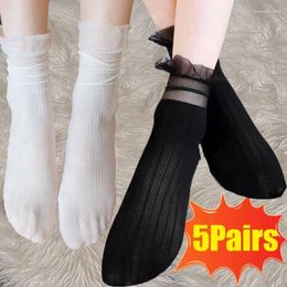 Women Socks 5Pairs/lot Velvet Frilly Ruffle Ultra-thin Transparent Lace Retro Summer Harajuku Long Stocking Hollow Out Sox