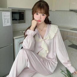 Women's Sleepwear Two Piece Pyjamas Set Lace Trim Lapel Women Shirt&Trousers Pyjamas Sleep Suit Spring Long Sleeve Satin Nightwear