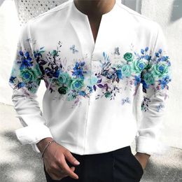 Men's Casual Shirts Tops Shirt 3D Printing Collarless Long Sleeve Men Slim Fit V-Neck Vacation Daily Holiday Comfy Fashion