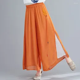 Women's Pants #2958 Summer Wide Leg Women High Waisted Embroidery Vintage Female Loose Thin Double Layer Dance Long Trousers