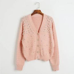 Women's Knits Pearl Diamond Beaded Pink Knitted Cardigans Single Button Knit Jacket 2023 Autumn Winter Lady V-Neck Sweaters Clothes