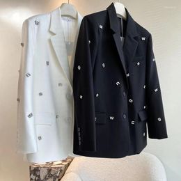 Women's Suits Beaded Suit Jacket Alphabets Drilling OL Rhinestones Blazers Coat Cardigan Long-sleeve Turn Down Collar Tops