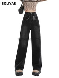 Women's Jeans Boliyae Cat whisker design High Waist Baggy Jeans Women Harajuku Streetwear Wide Leg Straight Denim Trousers Y2K Loose Pantszln231201