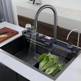 Kitchen Faucets Large Single Slot Multifunction Sink Anti-Scratch LED Digital Display Waterfall With Cup Washer