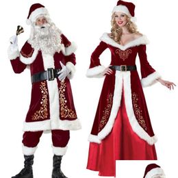 Christmas Decorations Veet Men/Women Santa Claus Costume Suit Couple Party For Xmas Wholesale Drop Delivery Home Garden Festive Suppl Dht79