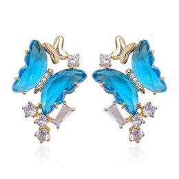 Pretty 3d glass crystal transparent butterfly diamond zirconia earrings fashion designer stud earrings for woman girls s925 silver242q