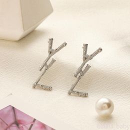 Luxury Brand Designers Double Letters Stud Women Crystal Rhinestone Pearl Earring Wedding Party Gift