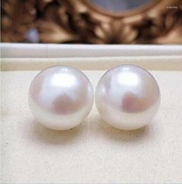 Stud Earrings Large Amount Of 13-14mm White Genuine South China Sea Pearl In 14Kp Gold-