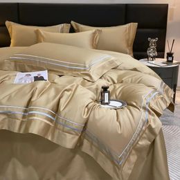 Bedding Sets Solid Colour Egyptian Cotton Champagne Gold Luxury Stripe Embroidery El Style Duvet Cover Bed Sheet Pillowcases