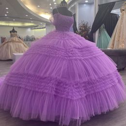 Lavender Ruffles Quinceanera Dress Spaghett Straps with Beads Tull Sleeveless Sweep Train Ball Gown Sweet 16 Dresses vestidos de 15