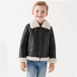 2024 Superior Pu Leather Lapel Collar Winter Jackets Fashionable Coat Children Clothing Boys Long Sleeved Lapel Zippered Children's Jacket