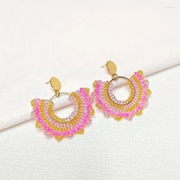 Dangle Earrings Rice Bead Sector Originality Hand Knitting Bohemia Alloy Crystal Fashion Individuality Simple Circle Beaded