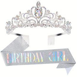 Party Hats Bling Crystal Crown Tiara Birthday Girl Queen Sash and for Women Decoration Kit 231130